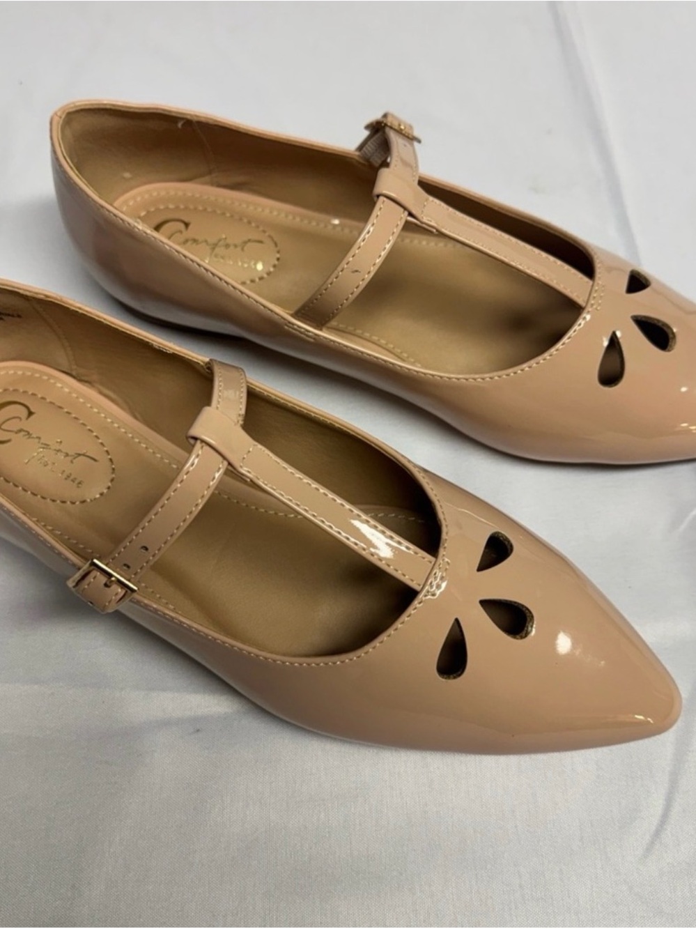 comfort Predictions Beige Patent T-Strap Pointed Flats